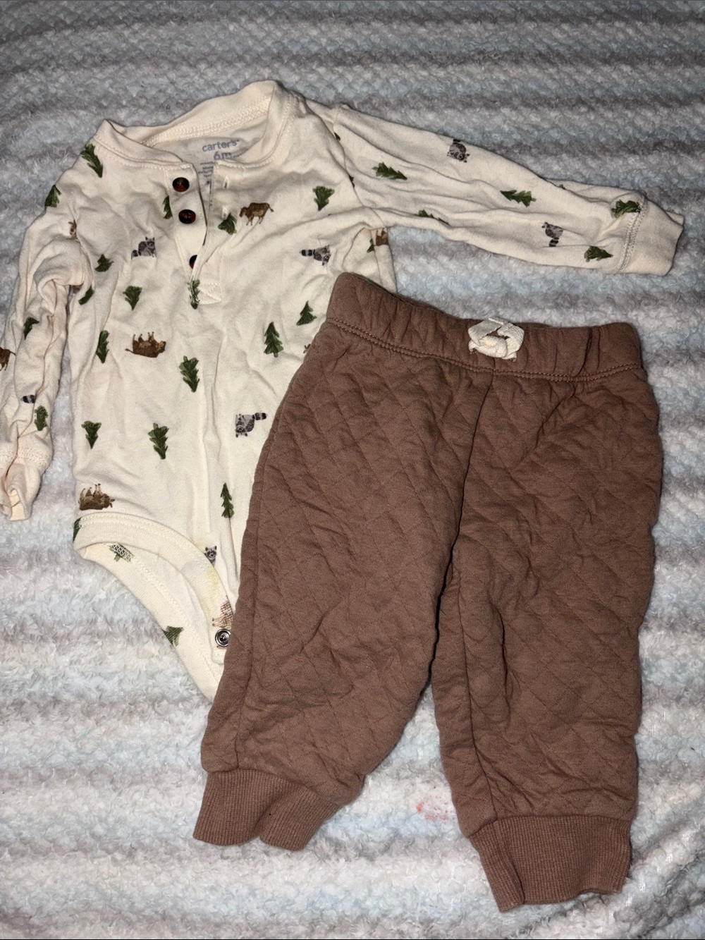 Carter's Cream Woodland Print Onesie with Brown Quilted Pants